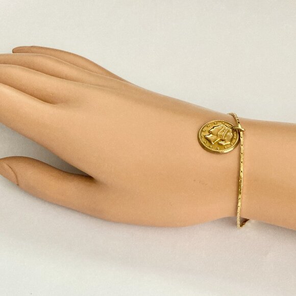 Vintage French Italian Coin Charm Bracelet Gold Plated Wire France Italy Lady - Picture 7 of 10